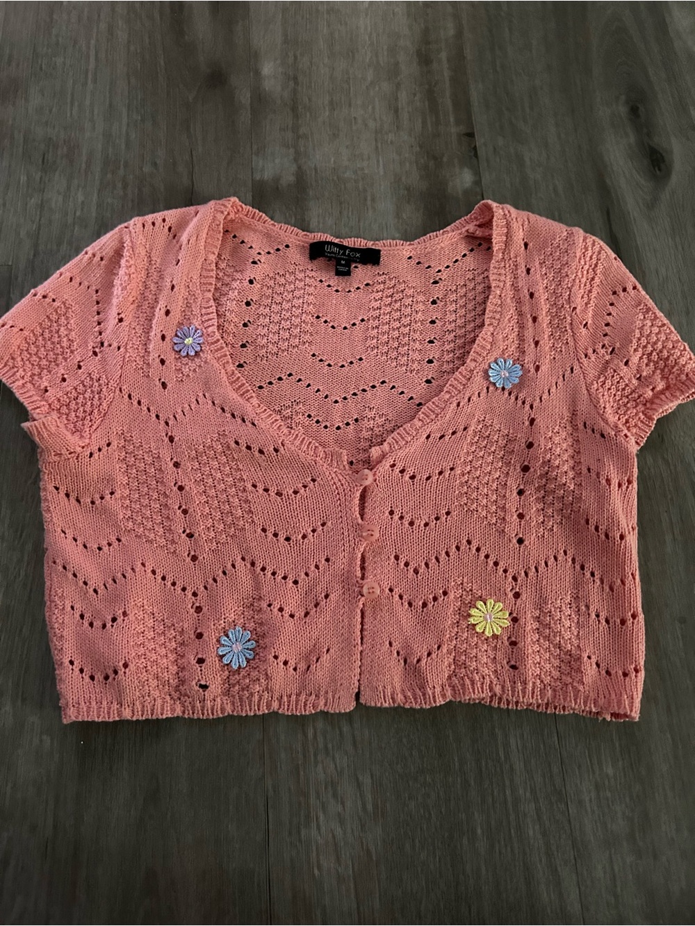 Lily Rose Coral Crochet Button Crop Top with Daisy Appliqués, size M